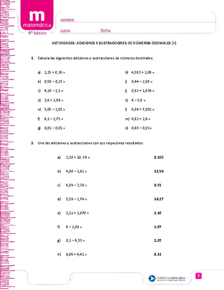 Adiciones y sustracciones de números decimales II Curriculum