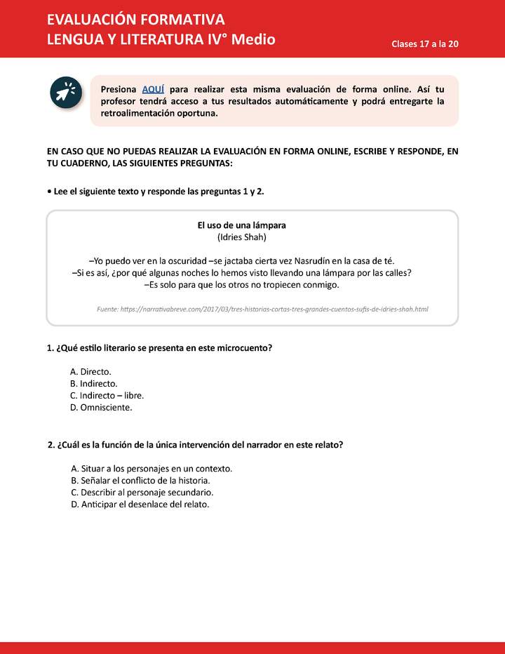 Evaluación Lengua y literatura 4° medio BC Unidad 1 Semana 5 - Curriculum  Nacional. MINEDUC. Chile.