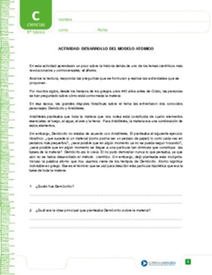 Desarrollo del modelo atómico - Curriculum Nacional. MINEDUC. Chile.
