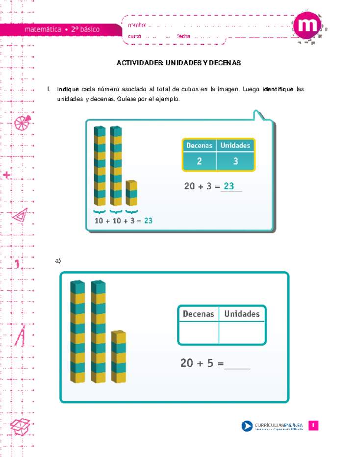 Unidades y decenas - Curriculum Nacional. MINEDUC. Chile.