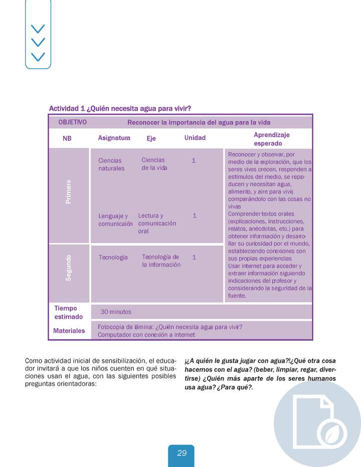 Actividad 1 guía educativa agua 1° y 2° Básico