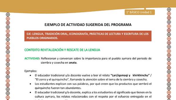 Actividad sugerida LC01 - Aymara - U02 - N°03: Reflexionan y conversan sobre la importancia para el pueblo aymara del periodo de siembra y cosecha en anata