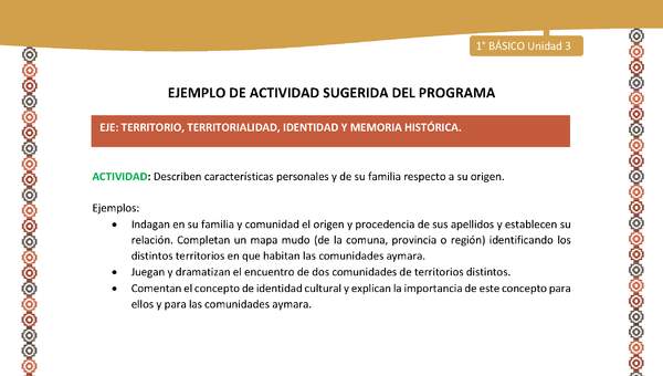 Actividad sugerida LC01 - Aymara - U04 - N°01: Describen características personales y de su familia respecto a su origen