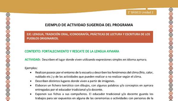 Actividad sugerida LC01 - Aymara - U02 - N°24: Describen el lugar donde viven utilizando expresiones simples en idioma aymara