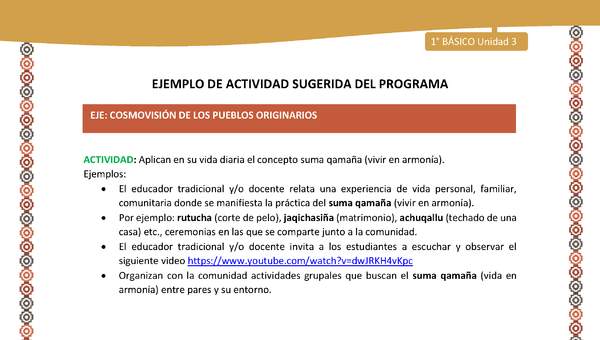 Actividad sugerida LC01 - Aymara - U04 - N°13: Aplican en su vida diaria el concepto suma qamaña (vivir en armonía)