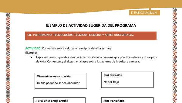 Actividad sugerida LC01 - Aymara - U04 - N°12: Conversan sobre valores y principios de vida aymara
