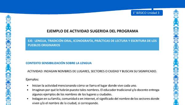 Actividad sugerida: LC01 - Mapuche - U3 - N°1: INDAGAN NOMBRES DE LUGARES, SECTORES O CIUDAD Y BUSCAN SU SIGNIFICADO