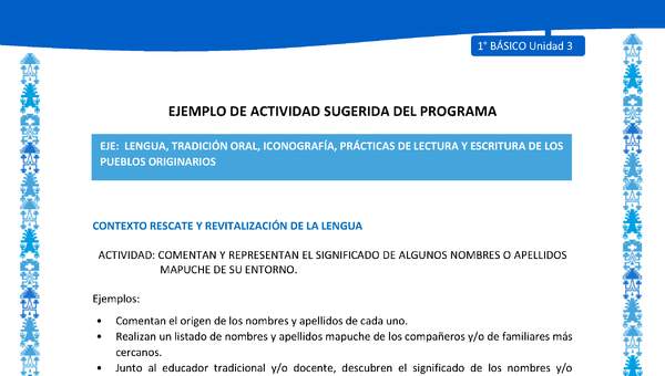 Actividad sugerida: LC01 - Mapuche - U3 - N°4: COMENTAN Y REPRESENTAN EL SIGNIFICADO DE ALGUNOS NOMBRES O APELLIDOS MAPUCHE DE SU ENTORNO.
