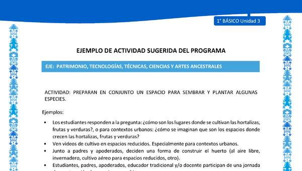 Actividad sugerida: LC01 - Mapuche - U3 - N°11: PREPARAN EN CONJUNTO UN ESPACIO PARA SEMBRAR Y PLANTAR ALGUNAS ESPECIES.