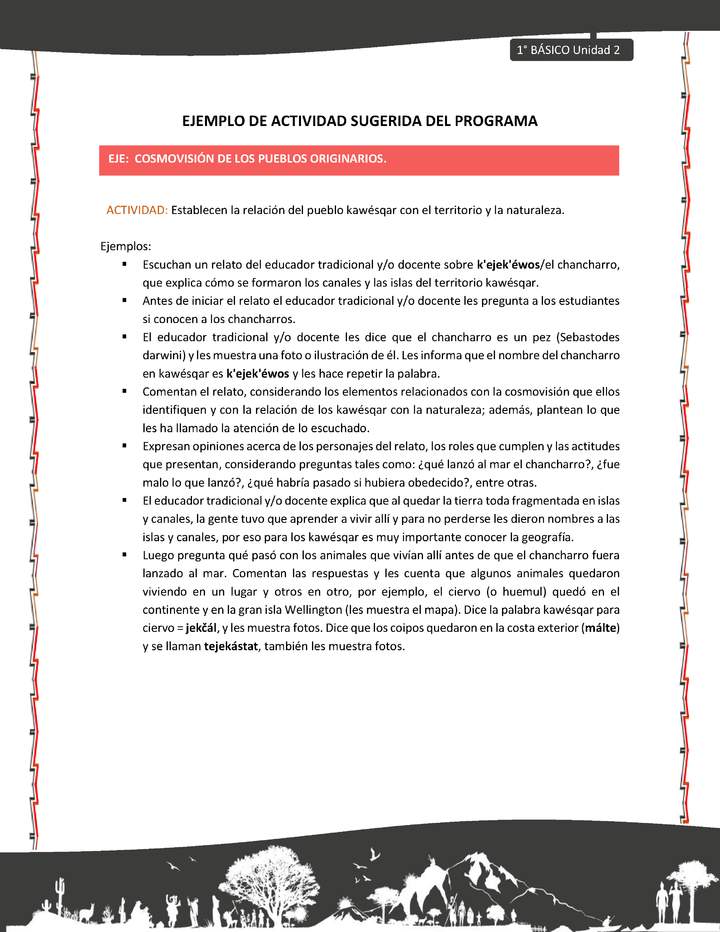 Actividad sugerida: LC01 - KAWÉSQAR - U2 - N°6: ESTABLECEN LA RELACIÓN DEL PUEBLO KAWÉSQAR CON EL TERRITORIO Y LA NATURALEZA.