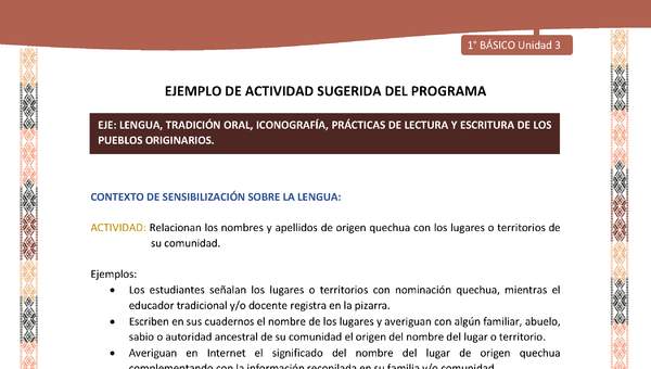 Actividad sugerida LC01 - Quechua - U3 - N°34: Relacionan los nombres y apellidos de origen quechua con los lugares o territorios de su comunidad.