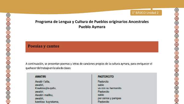 Poesías y cantos - Lengua y cultura de los pueblos Originarios Ancestrales 1º básico -  Aymara - Unidad 2