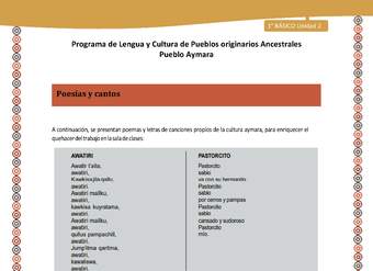 Poesías y cantos - Lengua y cultura de los pueblos Originarios Ancestrales 1º básico -  Aymara - Unidad 2