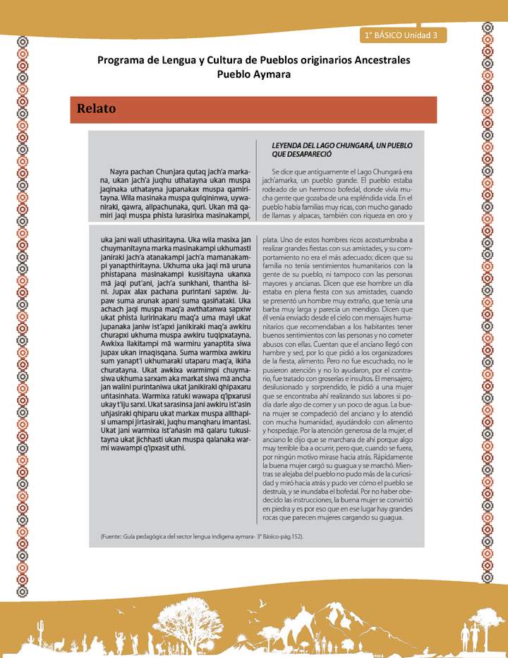 Relato Leyenda del lago Chungará - Lengua y cultura de los pueblos Originarios Ancestrales 1º básico -  Aymara - Unidad 3