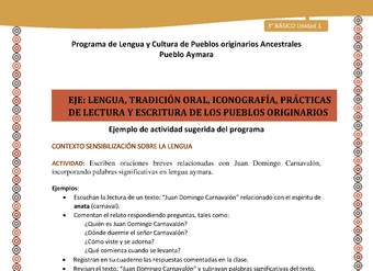 01-Actividad Sugerida LC03 U01-LS01-Escriben oraciones   breves   relacionadas   con   Juan   Domingo   Carnaval+¦n, incorporando palabras significativas en lengua aymara.