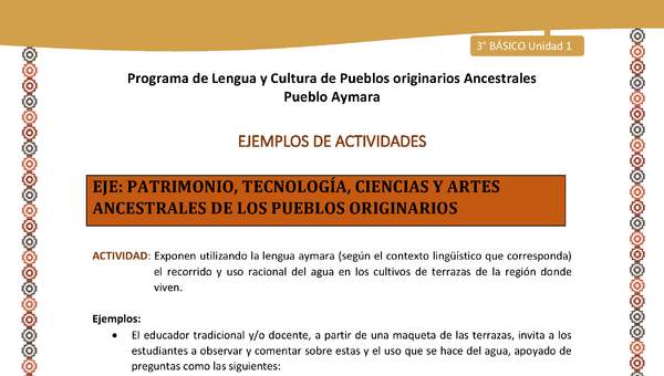 19-Actividad Sugerida LC03-U02-OA13-Exponen utilizando la lengua aymara (según el contexto lingüístico que corresponda) el recorrido y uso racional del agua en los cultivos de terrazas de la región donde viven.