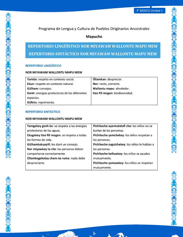 Repertorio lingüístico y sintáctico Nor miyawam wallontu mapu mew