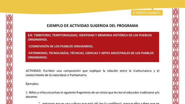 04-Actividad Sugerida LC03 COL-U04-OA06;OA09;OA14-Escriben una composición que explique la relación entre la trashumancia y el conocimiento de la naturaleza o Pachamama.