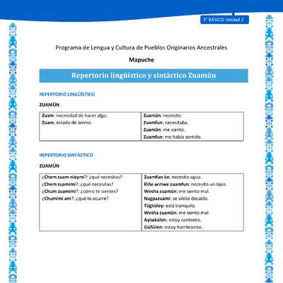 Repertorio lingüístico y sintáctico Zuamün