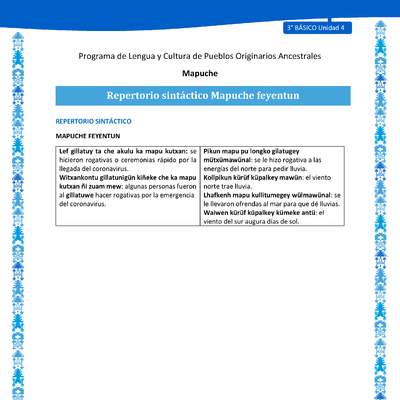 Repertorio sintáctico Mapuche feyentun