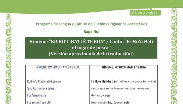 Hīmene: “KO HO'U HATI Ē TE RUA” / Canto: “Es Ho'u Hati el lugar de pesca”(Versión aproximada de la traducción)