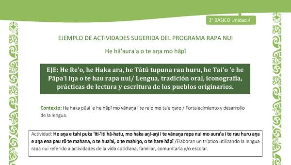 Elaboran un tríptico utilizando la lengua rapa nui referido a actividades de la vida cotidiana, familiar, comunitaria y/o escolar