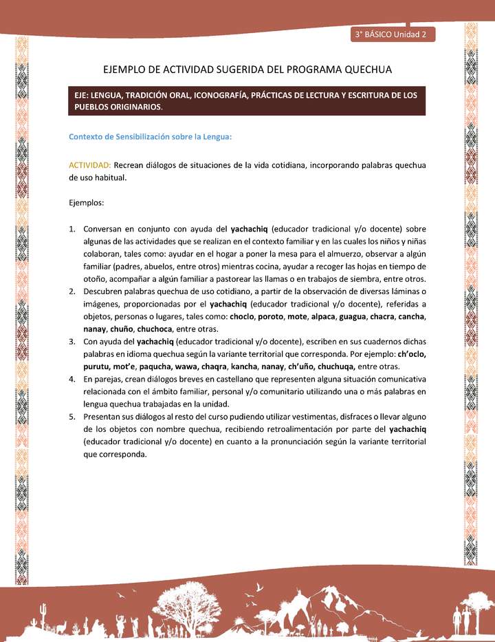 Recrean diálogos de situaciones de la vida cotidiana, incorporando palabras quechua de uso habitual