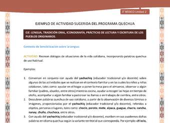 Recrean diálogos de situaciones de la vida cotidiana, incorporando palabras quechua de uso habitual