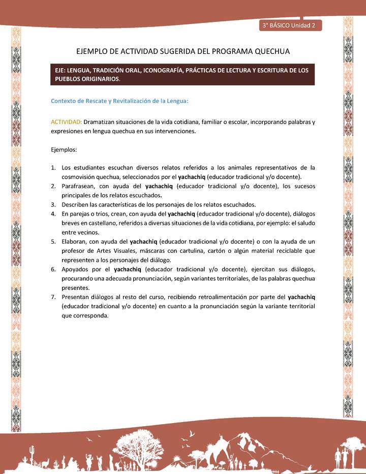 Dramatizan situaciones de la vida cotidiana, familiar o escolar, incorporando palabras y expresiones en lengua quechua en sus intervenciones