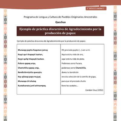 Ejemplo de práctica discursiva de Agradecimiento por la producción de papas