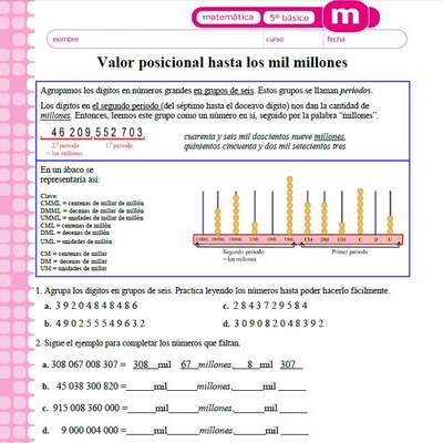 Valor posicional hasta mil millones