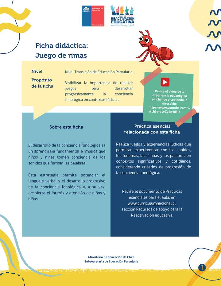 Ficha didáctica para trabajar juego de rimas en Nivel Transición