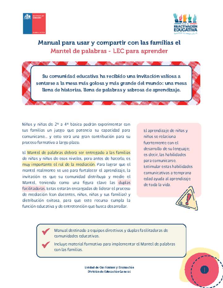 Manual para implementar el Mantel de palabras en las comunidades educativas