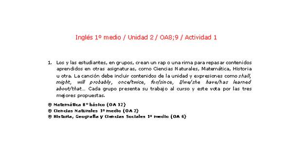 Inglés 1 medio-Unidad 2-OA8;9-Actividad 1