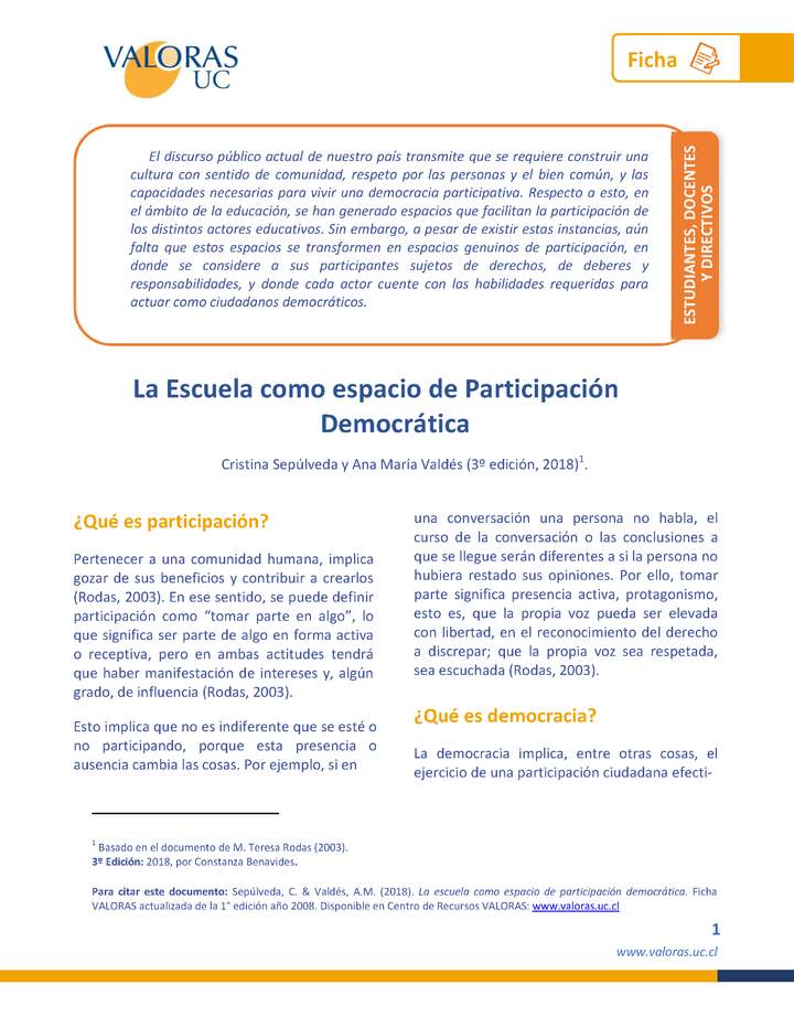 Escuela como espacio de participación democrática Orientación 1º Medio a 4º Medio