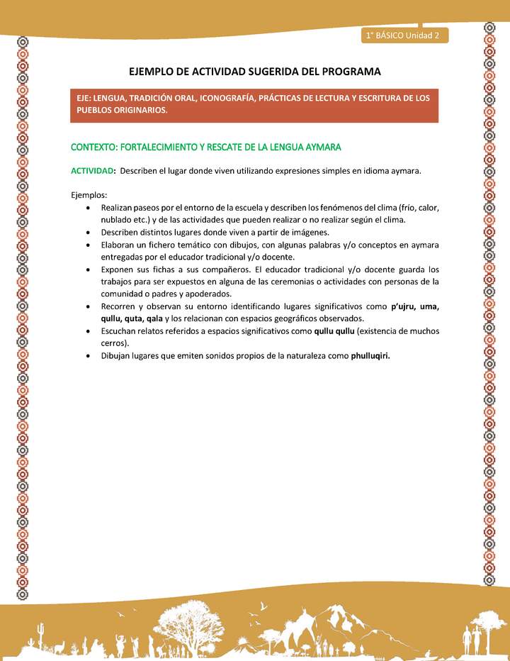 Actividad sugerida LC01 - Aymara - U02 - N°24: Describen el lugar donde viven utilizando expresiones simples en idioma aymara