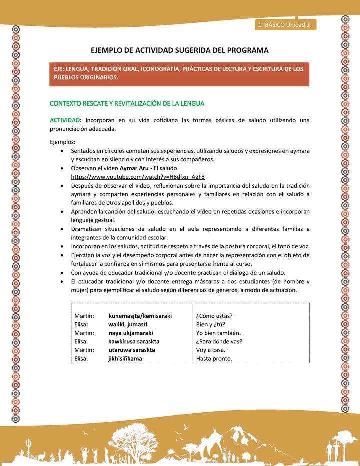 Actividad sugerida LC01 - Aymara - U02 - N°21: Incorporan en su vida cotidiana las formas básicas de saludo utilizando una pronunciación adecuada