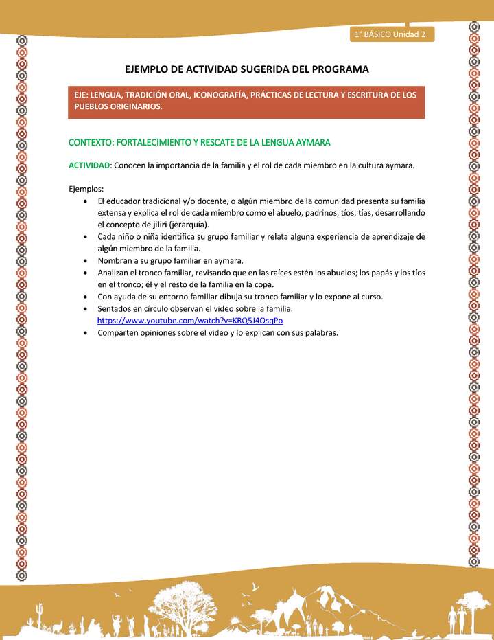 Actividad sugerida LC01 - Aymara - U02 - N°25:  Conocen la importancia de la familia y el rol de cada miembro en la cultura aymara