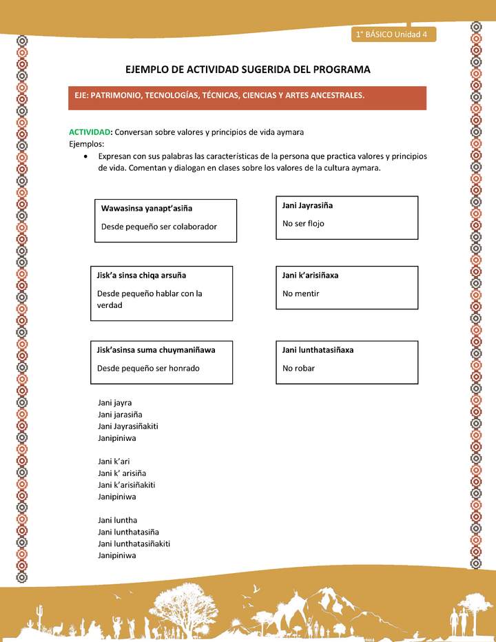 Actividad sugerida LC01 - Aymara - U04 - N°12: Conversan sobre valores y principios de vida aymara