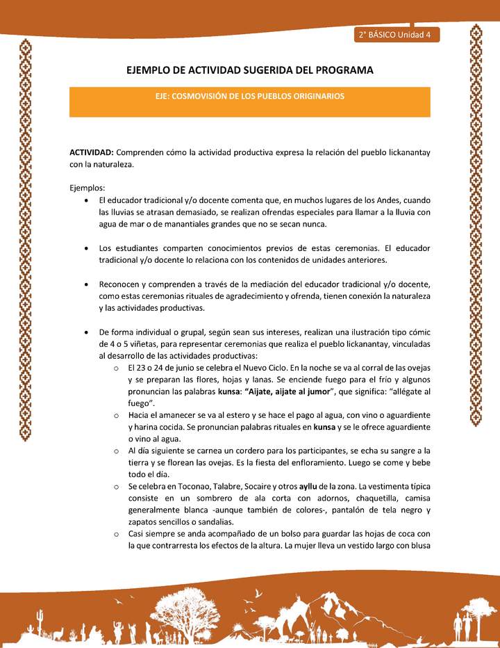 Actividad sugerida: LC02 - Lickanantay - U4 - N°5: COMPRENDEN CÓMO LA ACTIVIDAD PRODUCTIVA EXPRESA LA RELACIÓN DEL PUEBLO LICKANANTAY CON LA NATURALEZA.