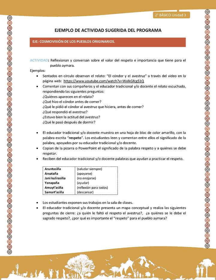 Actividad sugerida Nº 10- LC02 - AYM-U3-ECO-Reflexionan y conversan sobre el valor del respeto e importancia que tiene para el pueblo aymara.