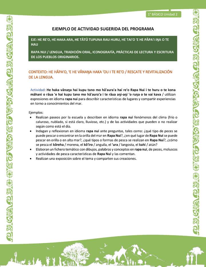 Actividad sugerida LC01 - Rapa Nui - U2 - N°23: utilizan expresiones en idioma rapa nui para describir características de lugares y compartir experiencias en torno a conocimientos del mar.