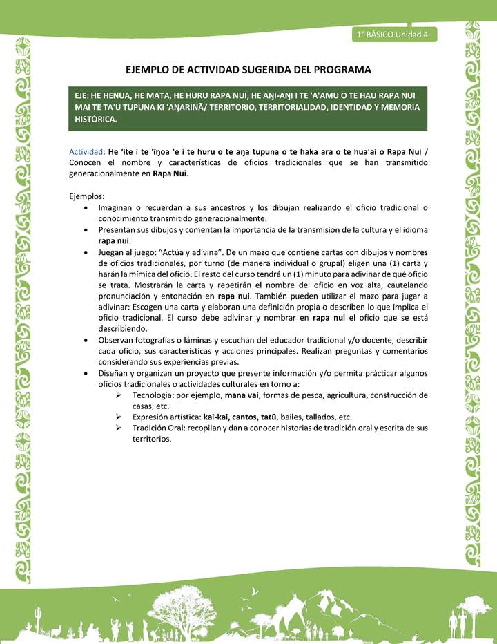 Actividad sugerida LC01 - Rapa Nui - U4 - N°84: Conocen el nombre y características de oficios tradicionales que se han transmitido generacionalmente en Rapa Nui.