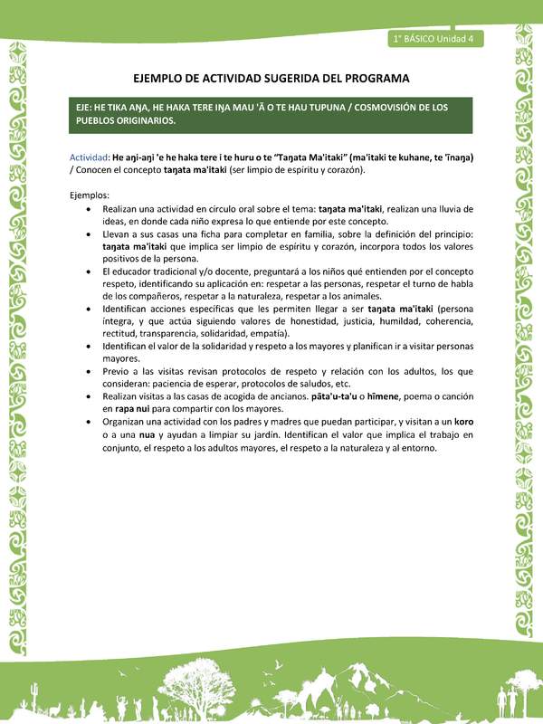 Actividad sugerida LC01 - Rapa Nui - U4 - N°85: Conocen el concepto taŋata ma'itaki (ser limpio de espíritu y corazón).