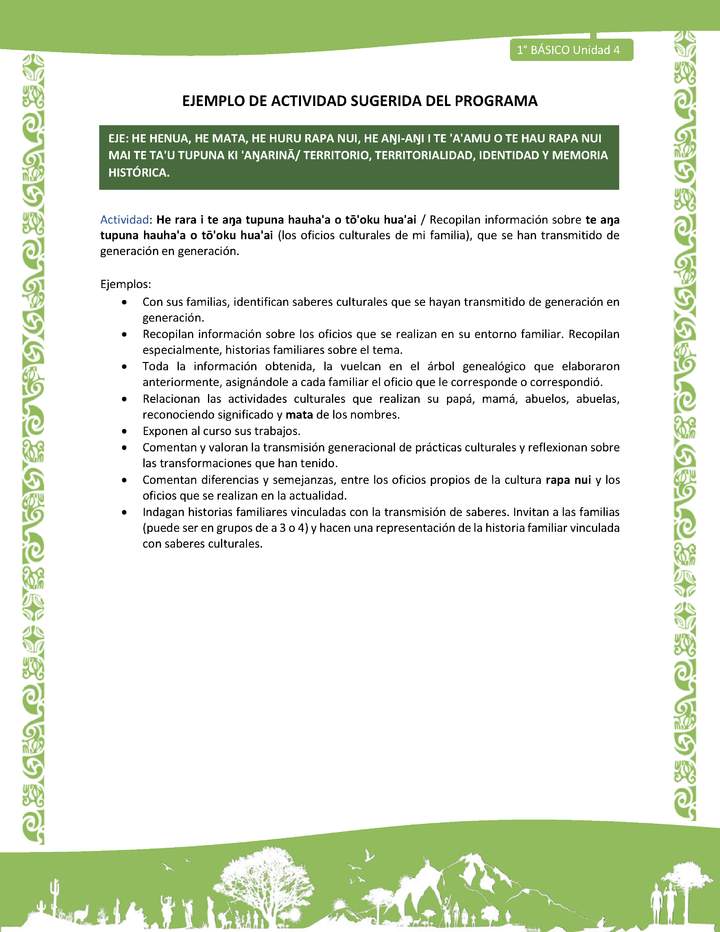 Actividad sugerida LC01 - Rapa Nui - U4 - N°83: Recopilan información sobre te aŋa tupuna hauha'a o tō'oku hua'ai (los oficios culturales de mi familia), que se han transmitido de generación en generación.