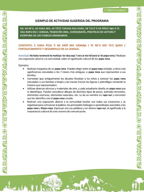 Actividad sugerida LC01 - Rapa Nui - U4 - N°81: Realizan una exposición abierta a la comunidad, sobre el significado cultural de los papa rona.