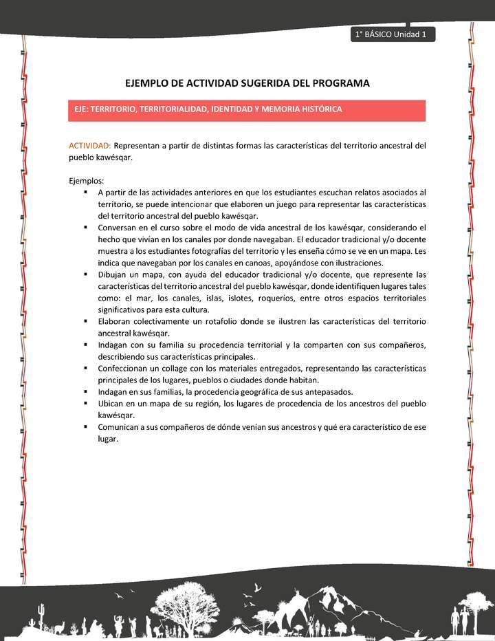 Actividad sugerida: LC01 - KAWÉSQAR - U1 - N°3: REPRESENTAN A PARTIR DE DISTINTAS FORMAS LAS CARACTERÍSTICAS DEL TERRITORIO ANCESTRAL DEL PUEBLO KAWÉSQAR.