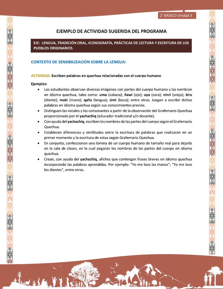 Actividad sugerida LC02 - Quechua - U3 - N°1: Escriben palabras en quechua relacionadas con el cuerpo humano.