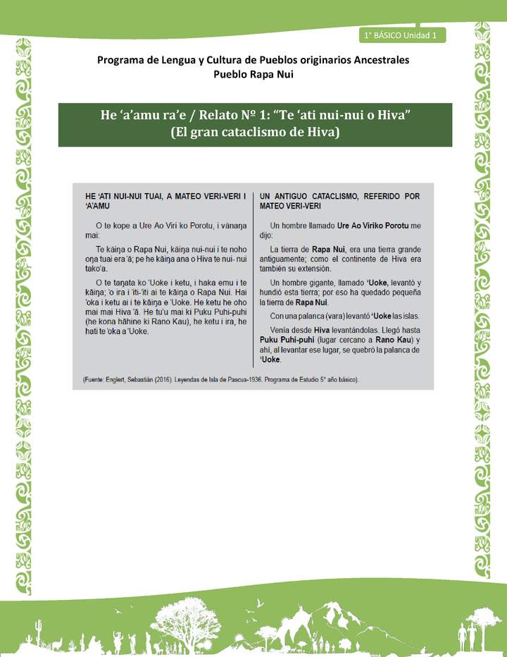 01-Orientaciones al docente - LC02 - Rapa nui - U1 - He ‘a’amu ra’e / Relato Nº 1: “Te ‘ati nui-nui o Hiva” (El gran cataclismo de Hiva)