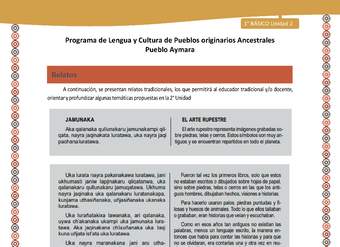 Relato El arte rupestre - Lengua y cultura de los pueblos Originarios Ancestrales 1º básico -  Aymara - Unidad 2